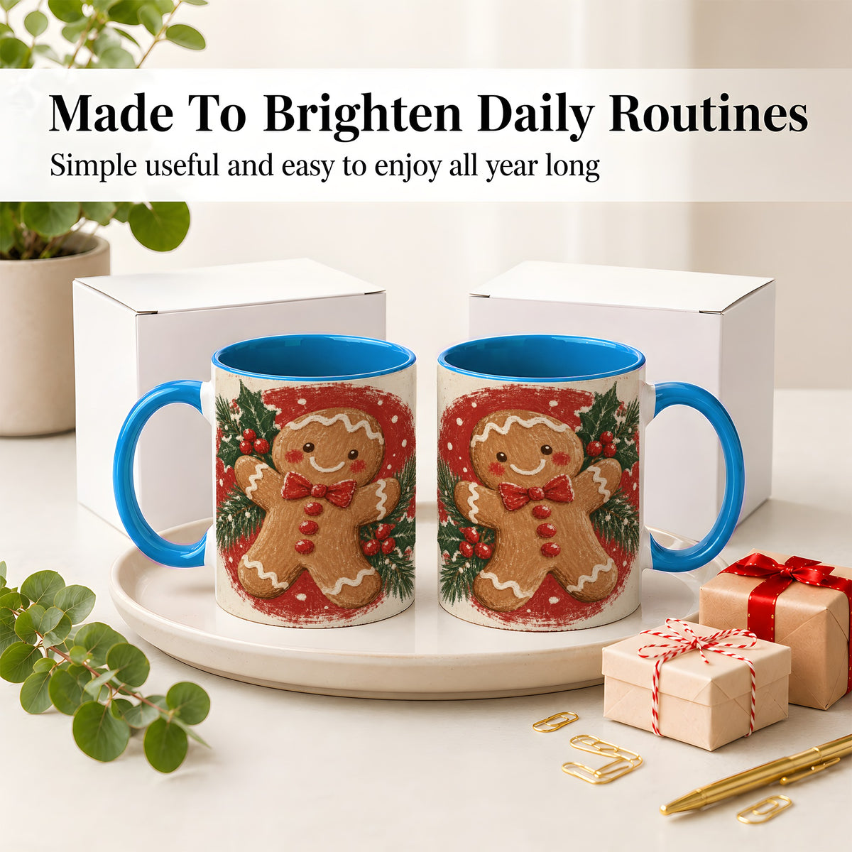 #pl[11oz|Blue] Gingerbread Man Christmas Accent Mug, Ceramic Coffee Cup