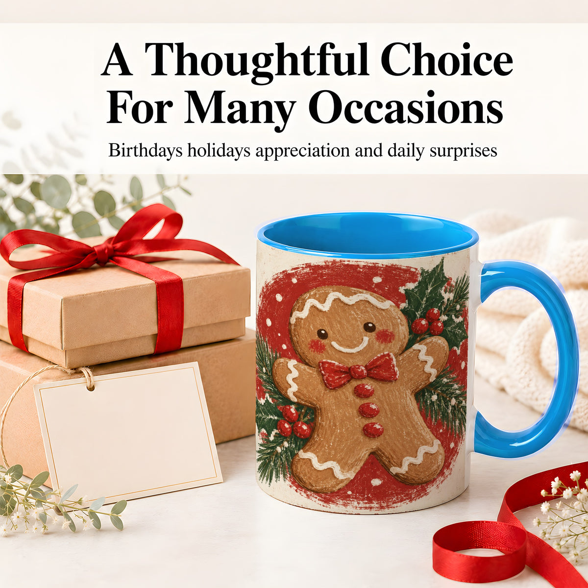 #pl[11oz|Blue] Gingerbread Man Christmas Accent Mug, Ceramic Coffee Cup