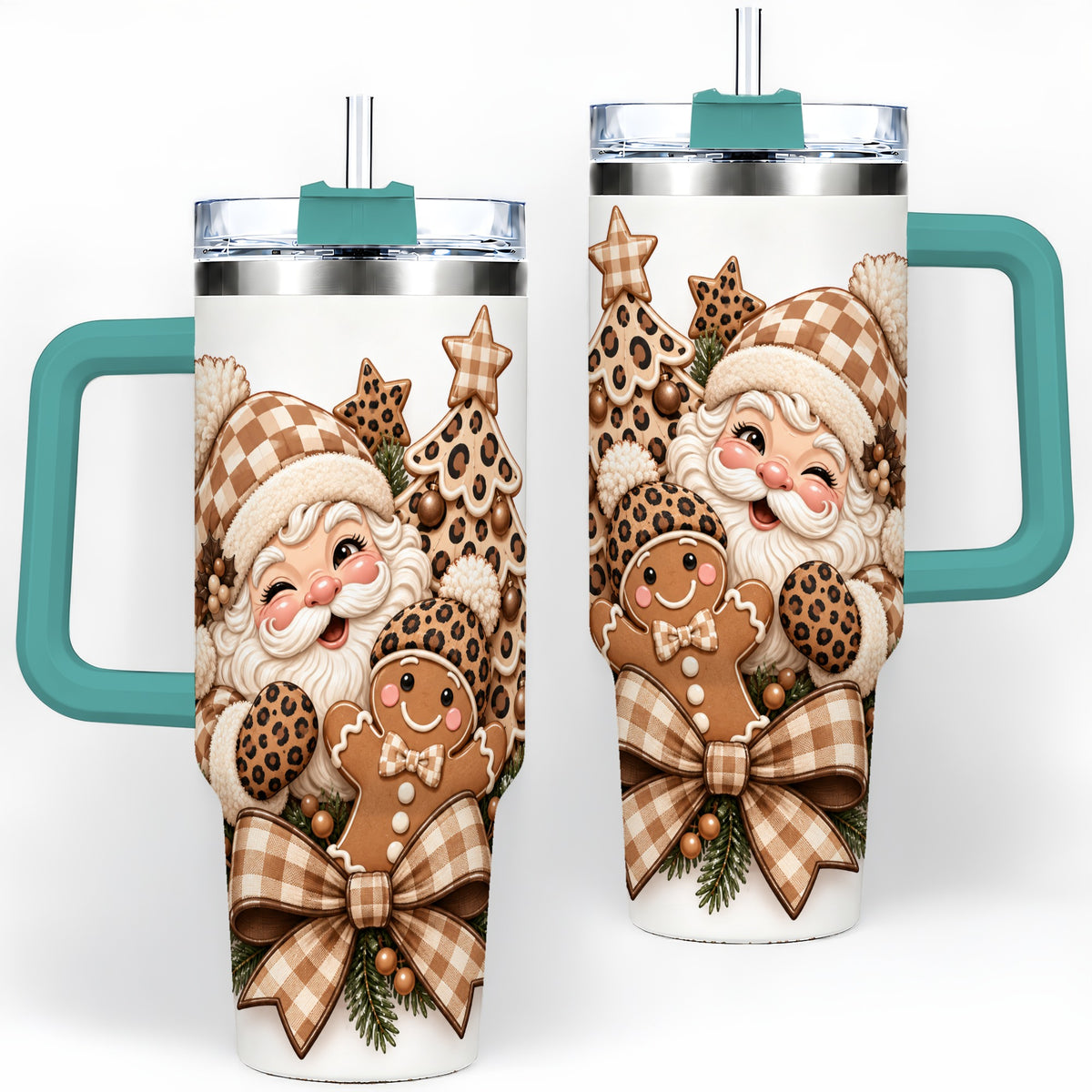 #pl[40oz|Green] Leopard Christmas Santa 40oz Tumbler, Gingerbread Holiday Drinkware