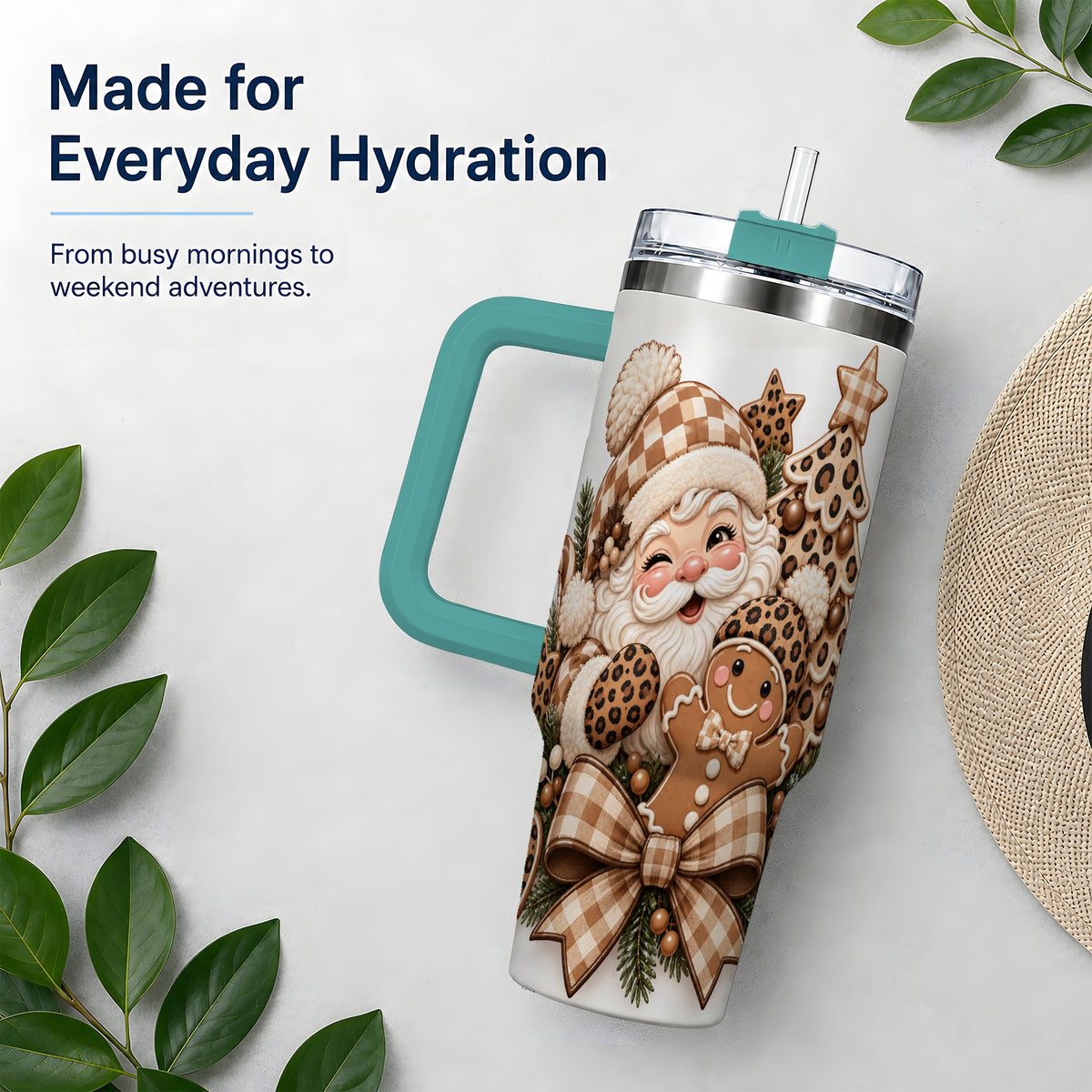 #pl[40oz|Green] Leopard Christmas Santa 40oz Tumbler, Gingerbread Holiday Drinkware