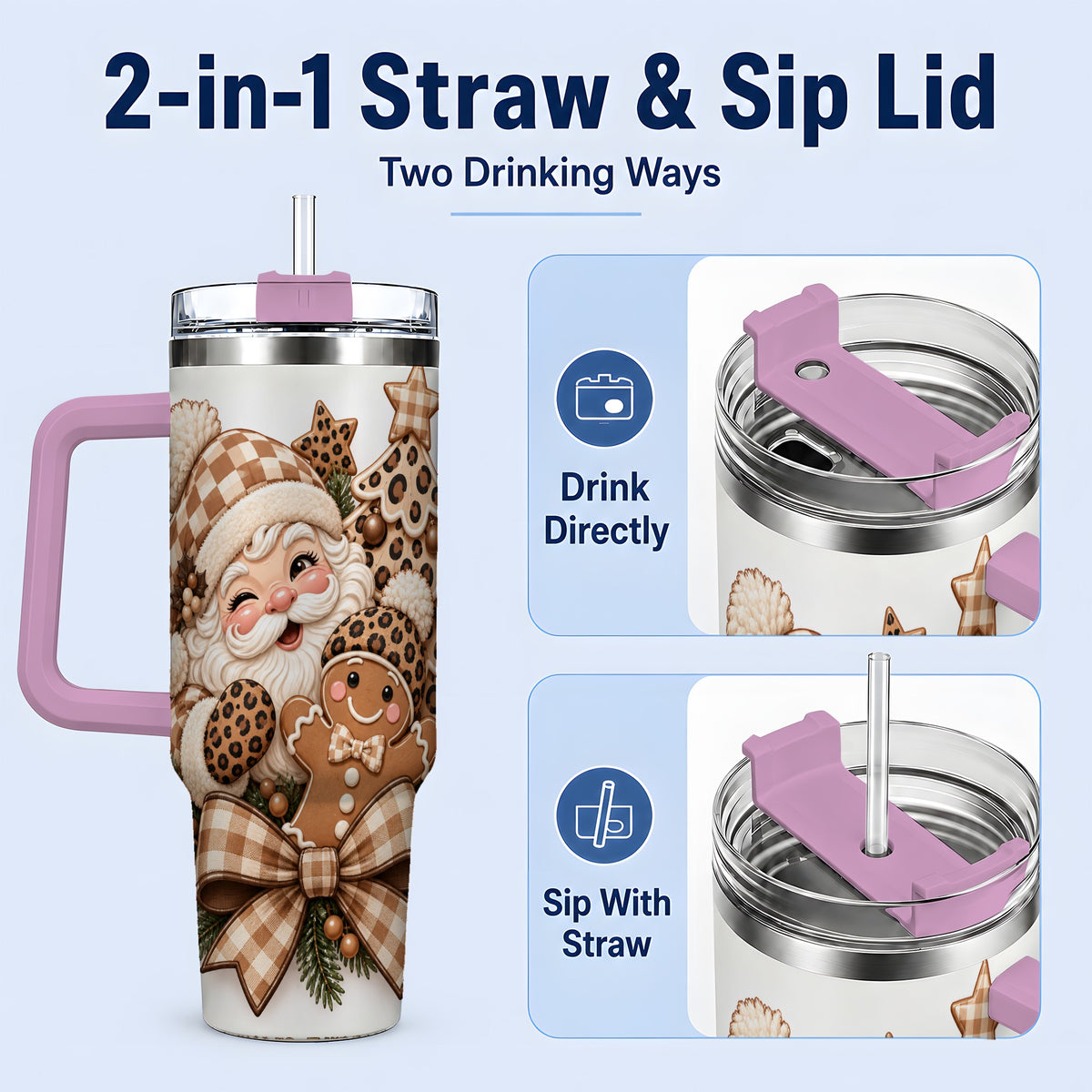 #pl[40oz|Pink] Leopard Christmas Santa 40oz Tumbler, Gingerbread Holiday Drinkware