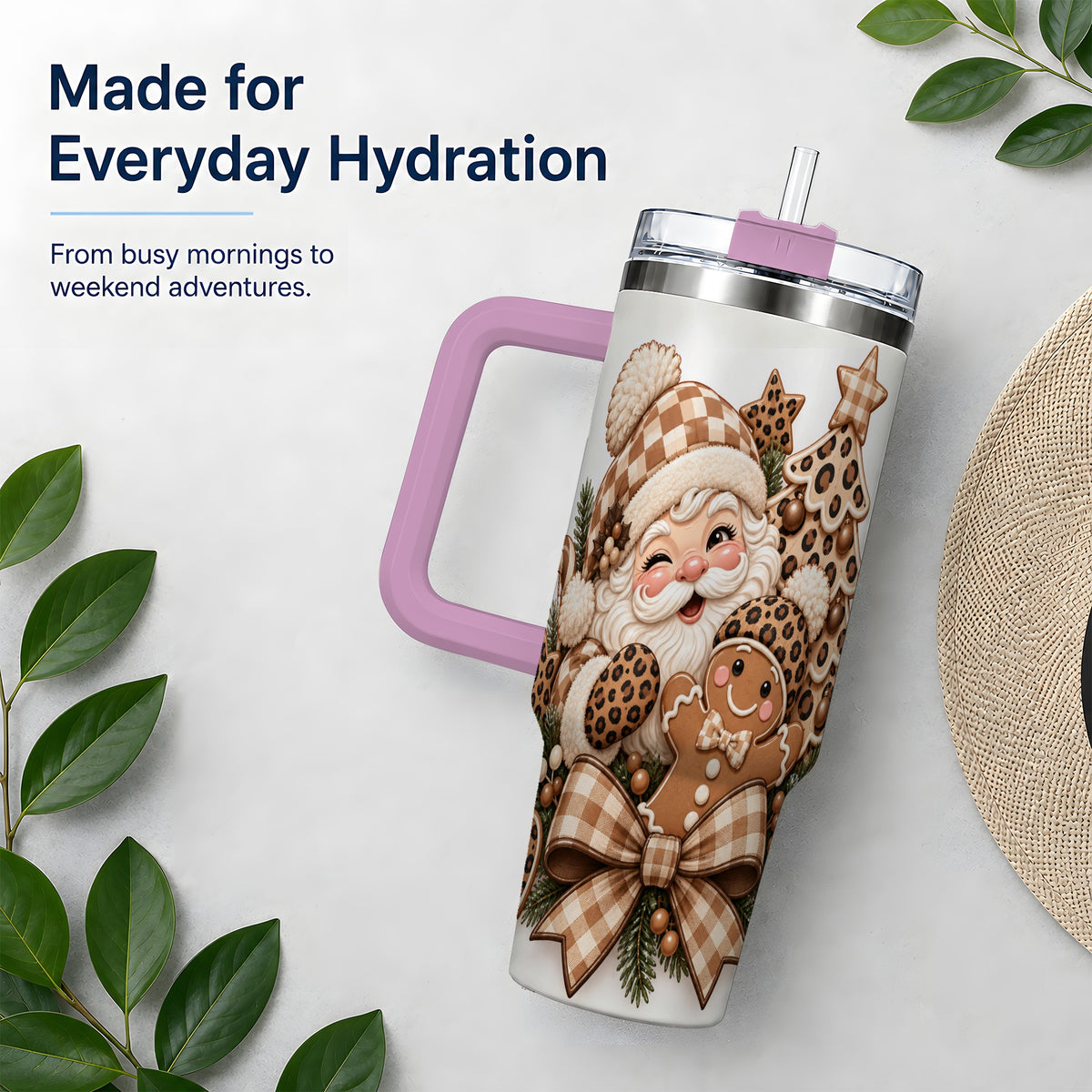 #pl[40oz|Pink] Leopard Christmas Santa 40oz Tumbler, Gingerbread Holiday Drinkware