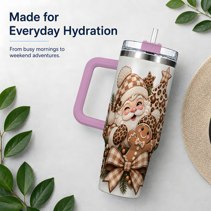 #pl[40oz|Pink] Leopard Christmas Santa 40oz Tumbler, Gingerbread Holiday Drinkware