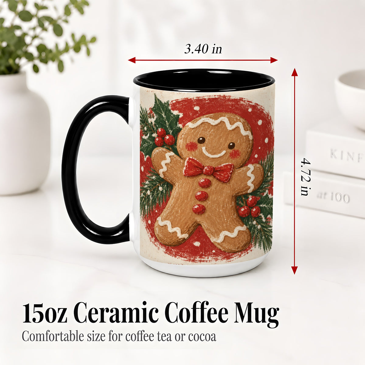 #pl[15oz|Black] Gingerbread Man Christmas Accent Mug, Ceramic Coffee Cup