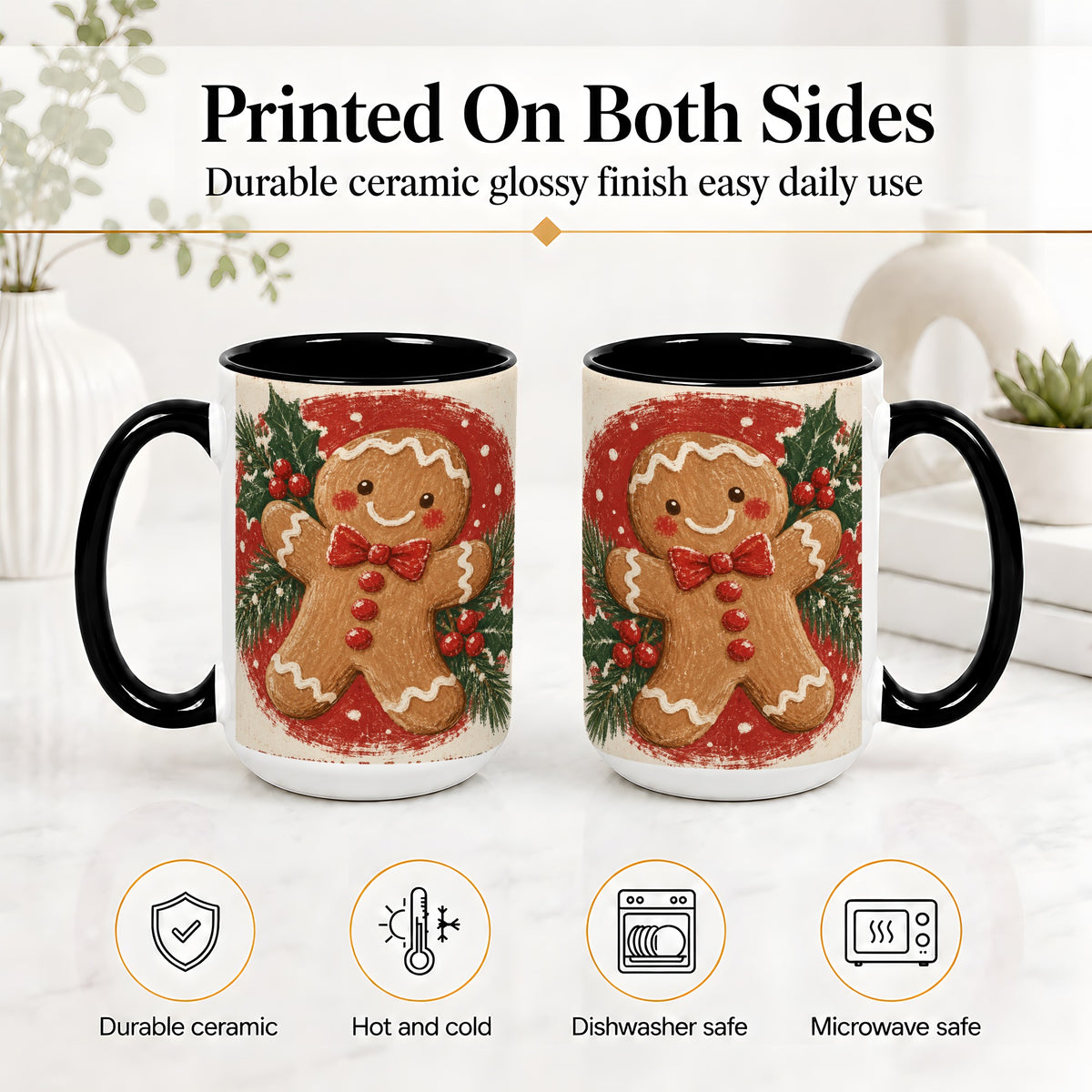 #pl[15oz|Black] Gingerbread Man Christmas Accent Mug, Ceramic Coffee Cup