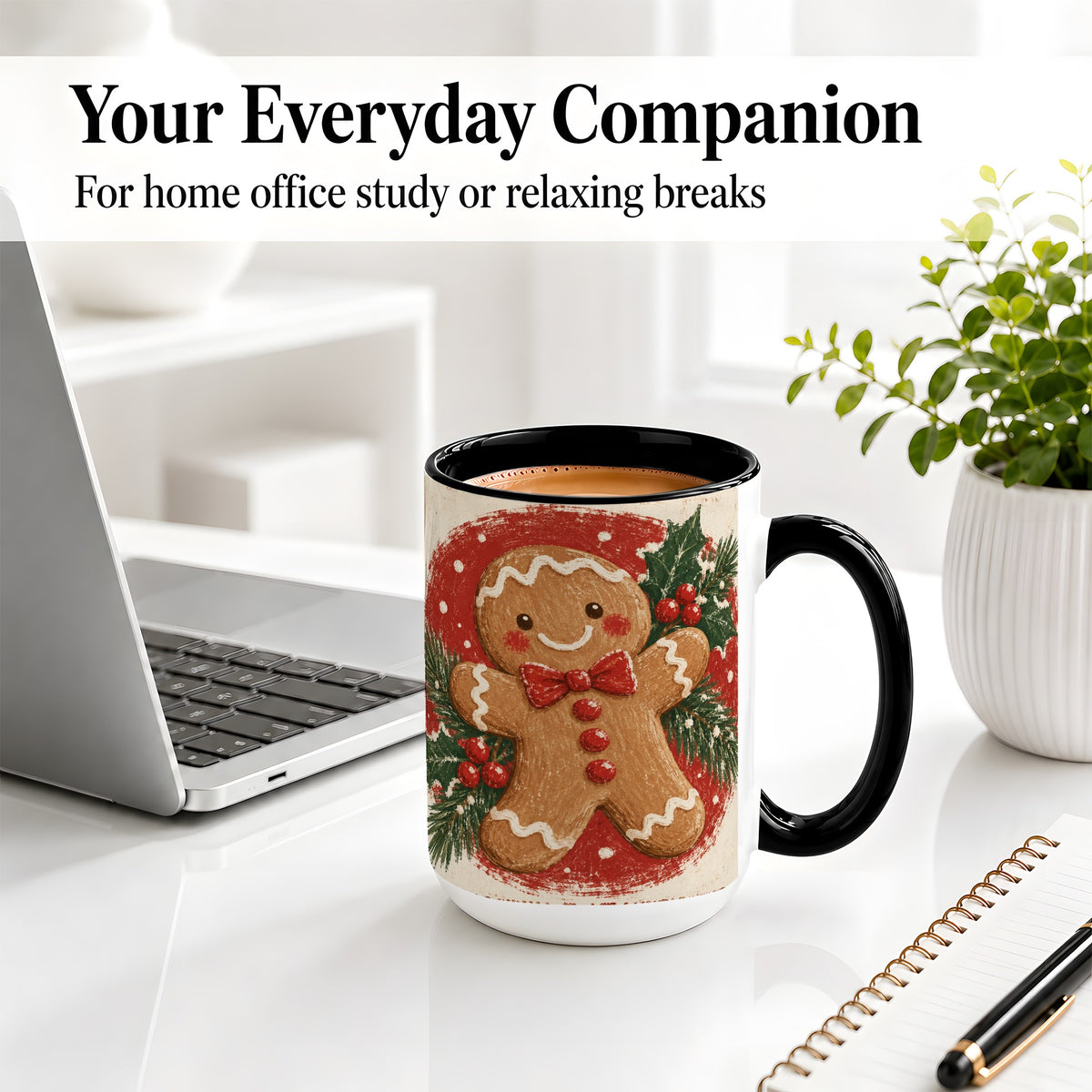 #pl[15oz|Black] Gingerbread Man Christmas Accent Mug, Ceramic Coffee Cup