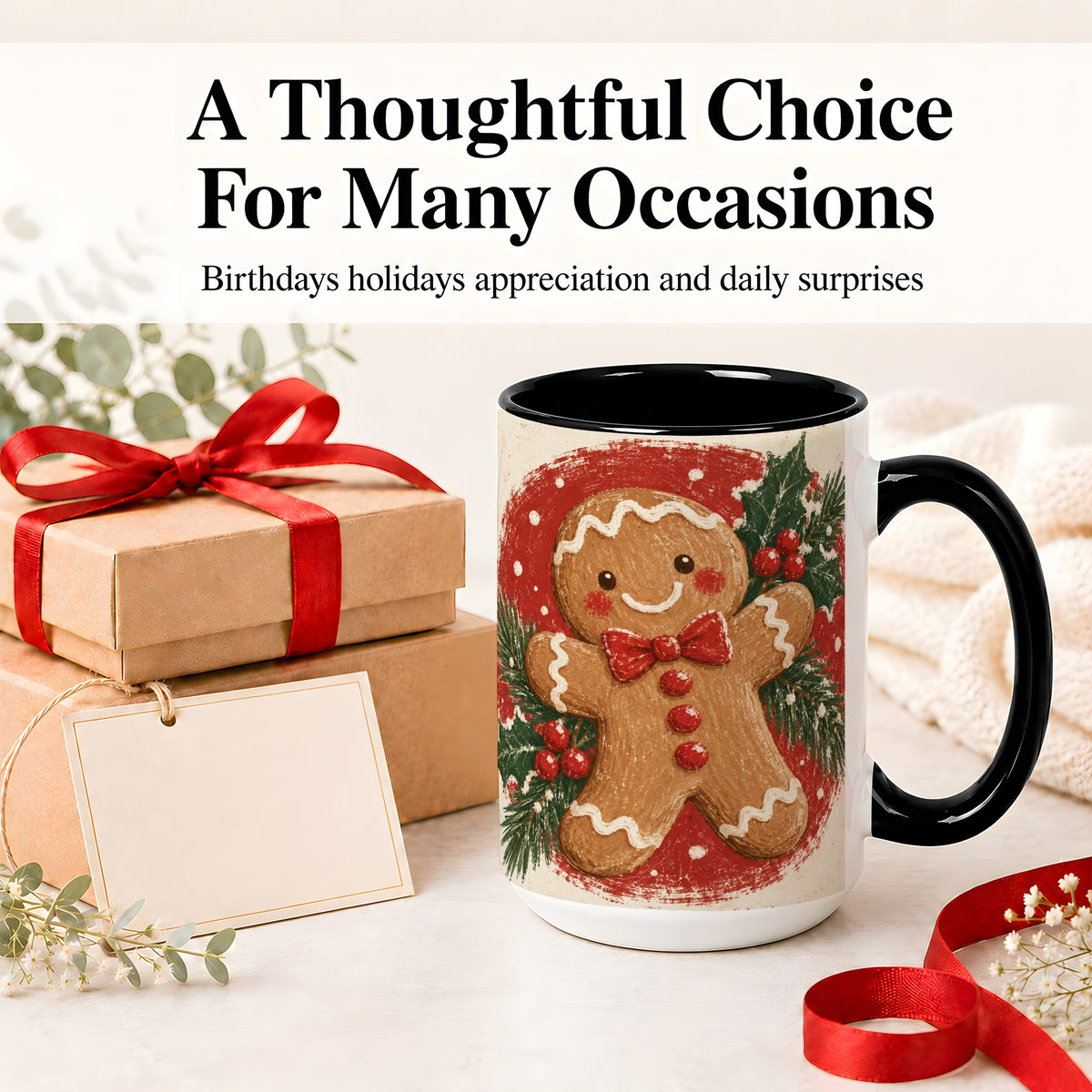 #pl[15oz|Black] Gingerbread Man Christmas Accent Mug, Ceramic Coffee Cup