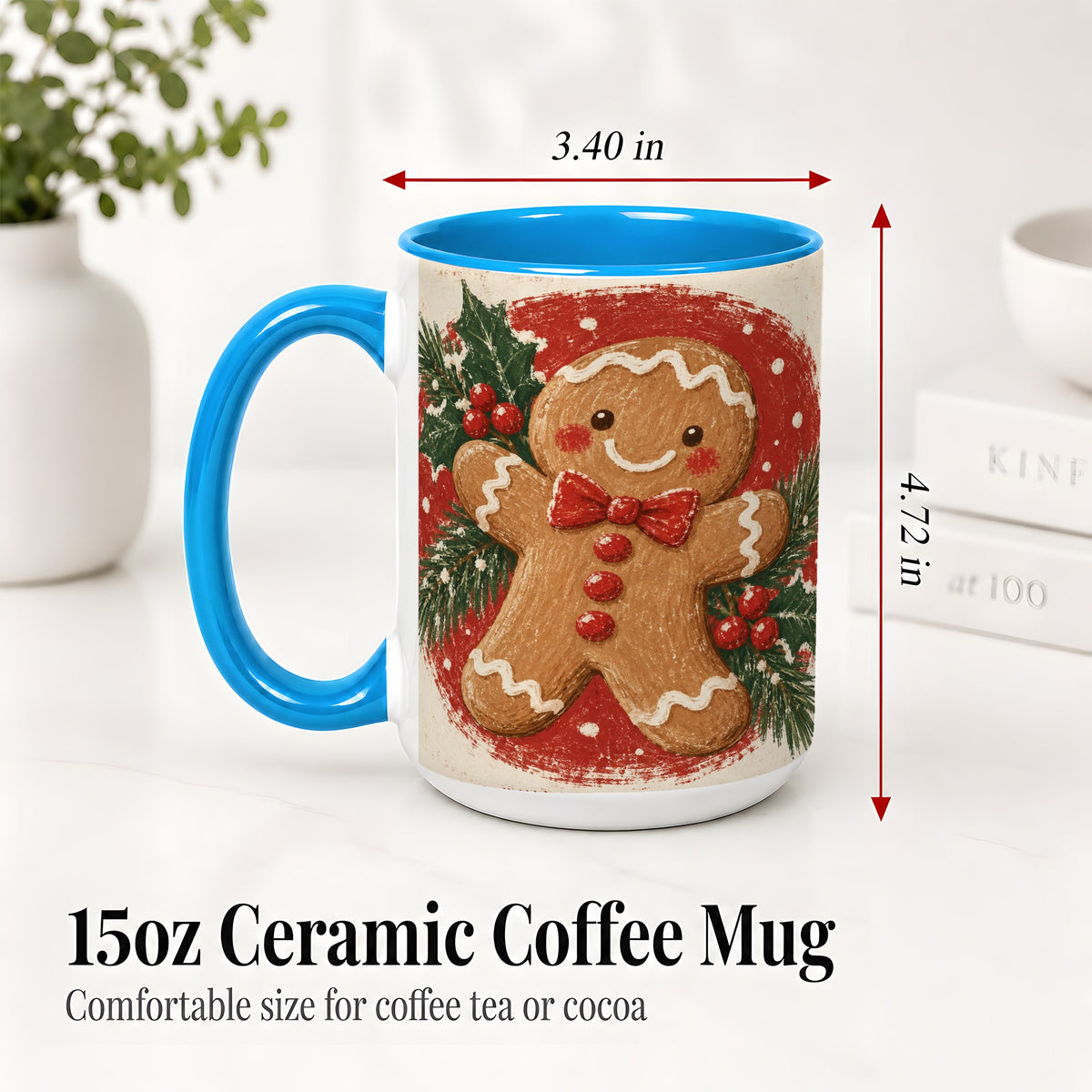 #pl[15oz|Blue] Gingerbread Man Christmas Accent Mug, Ceramic Coffee Cup