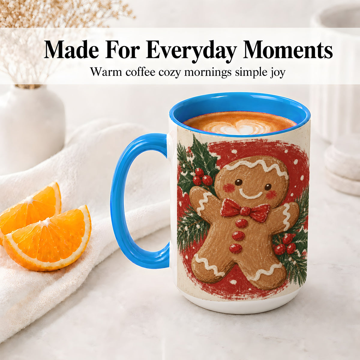 #pl[15oz|Blue] Gingerbread Man Christmas Accent Mug, Ceramic Coffee Cup