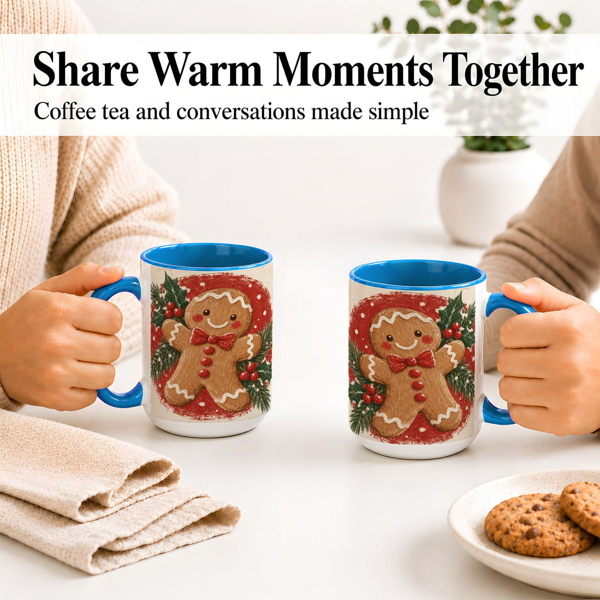#pl[15oz|Blue] Gingerbread Man Christmas Accent Mug, Ceramic Coffee Cup