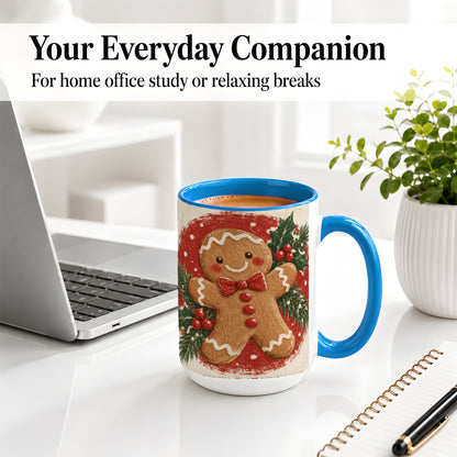 #pl[15oz|Blue] Gingerbread Man Christmas Accent Mug, Ceramic Coffee Cup