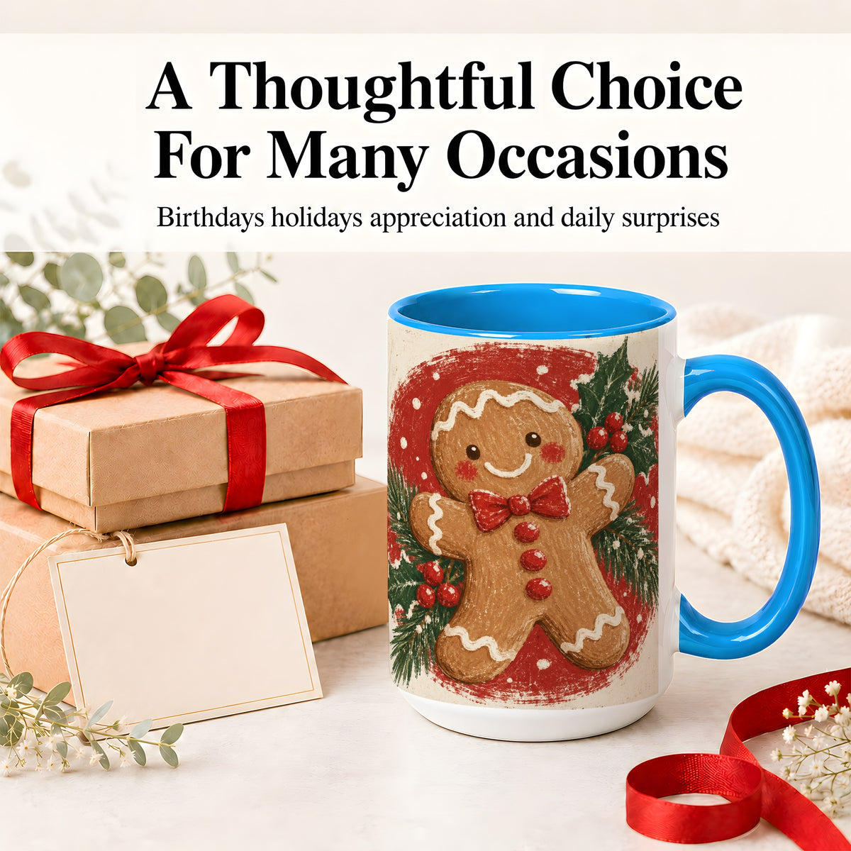#pl[15oz|Blue] Gingerbread Man Christmas Accent Mug, Ceramic Coffee Cup