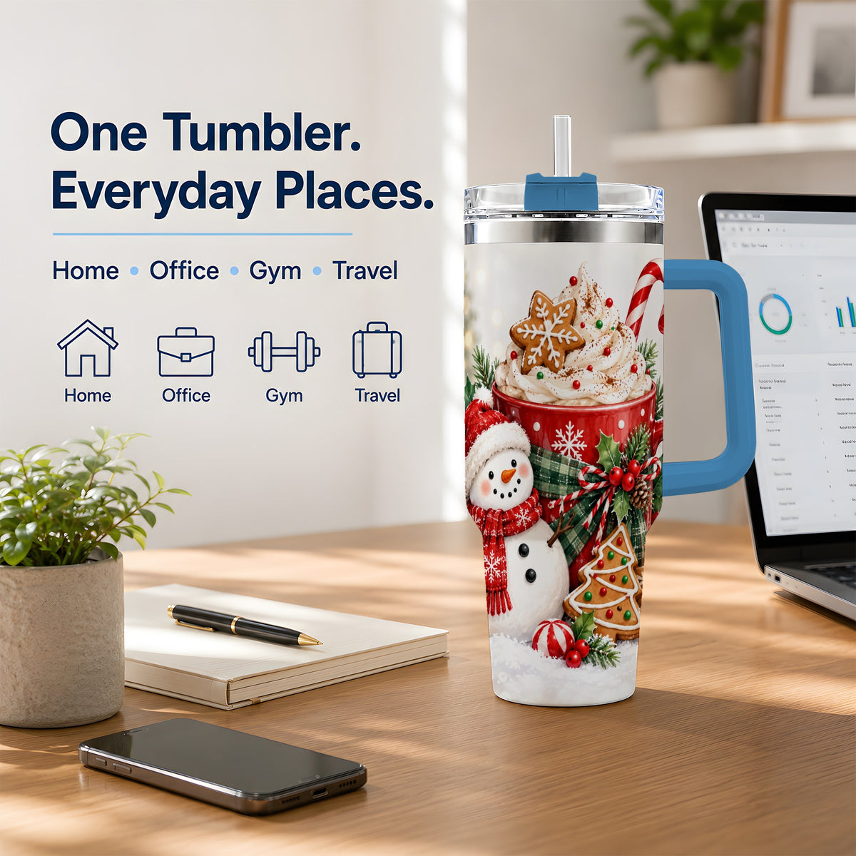 #pl[40oz|Blue] Christmas Snowman Cocoa 40oz Tumbler, Gingerbread Holiday Drinkware