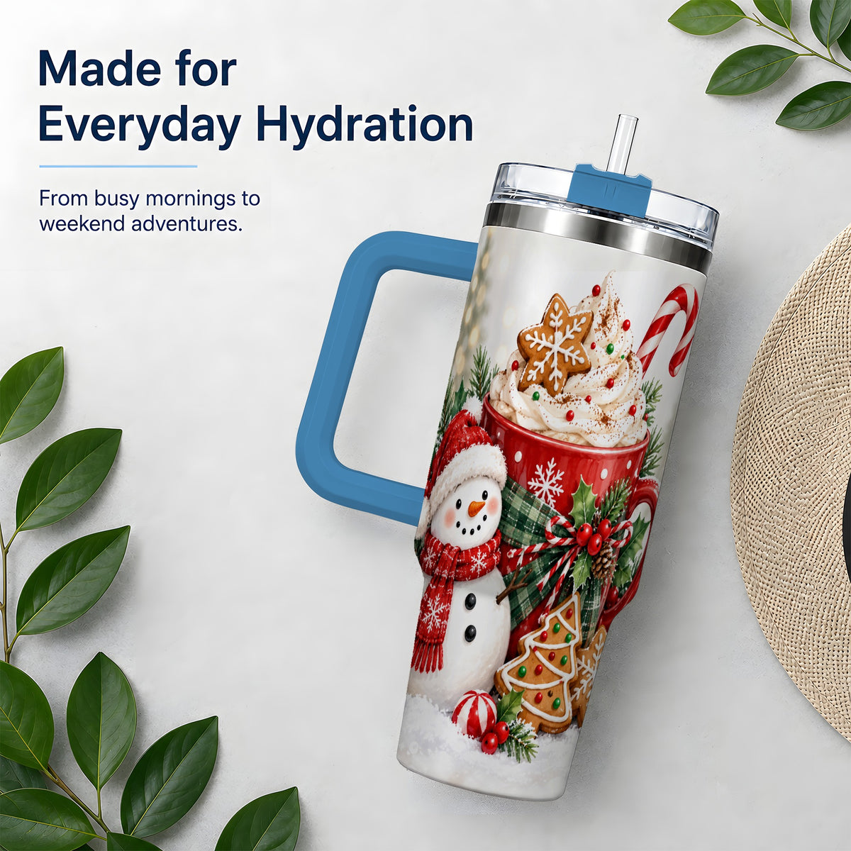 #pl[40oz|Blue] Christmas Snowman Cocoa 40oz Tumbler, Gingerbread Holiday Drinkware