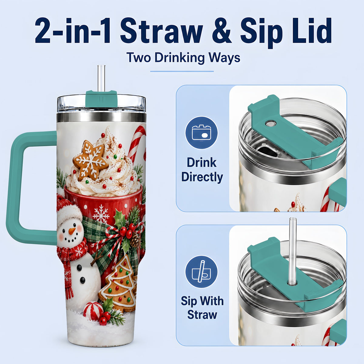 #pl[40oz|Green] Christmas Snowman Cocoa 40oz Tumbler, Gingerbread Holiday Drinkware