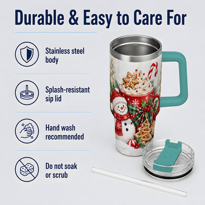 #pl[40oz|Green] Christmas Snowman Cocoa 40oz Tumbler, Gingerbread Holiday Drinkware