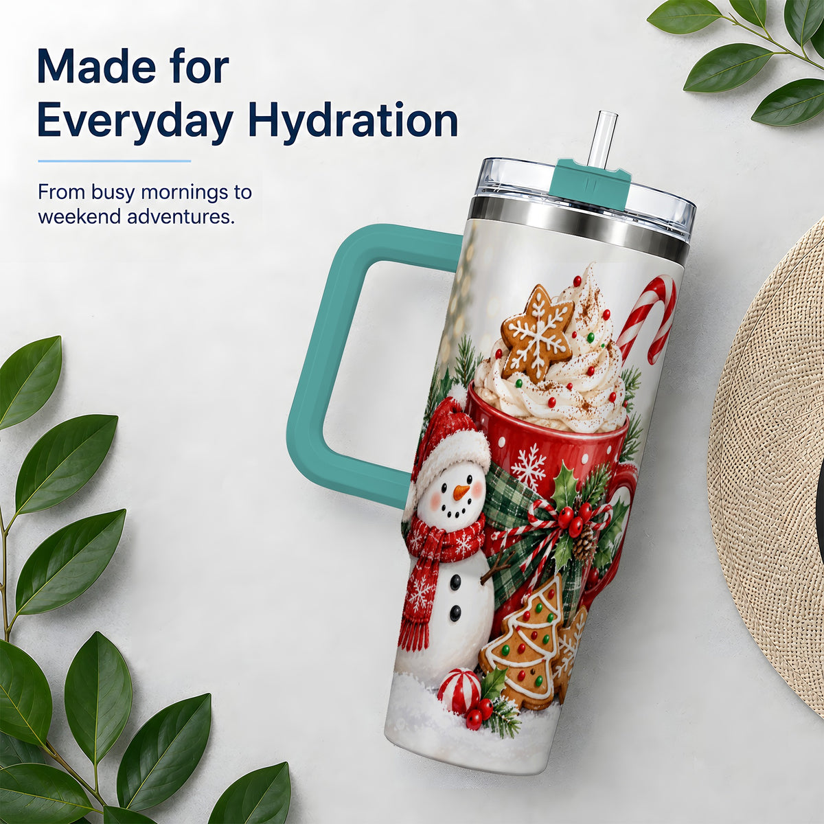 #pl[40oz|Green] Christmas Snowman Cocoa 40oz Tumbler, Gingerbread Holiday Drinkware