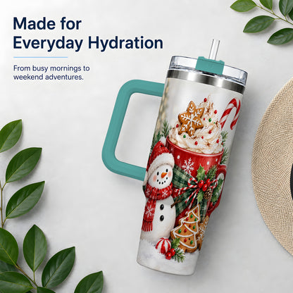 #pl[40oz|Green] Christmas Snowman Cocoa 40oz Tumbler, Gingerbread Holiday Drinkware