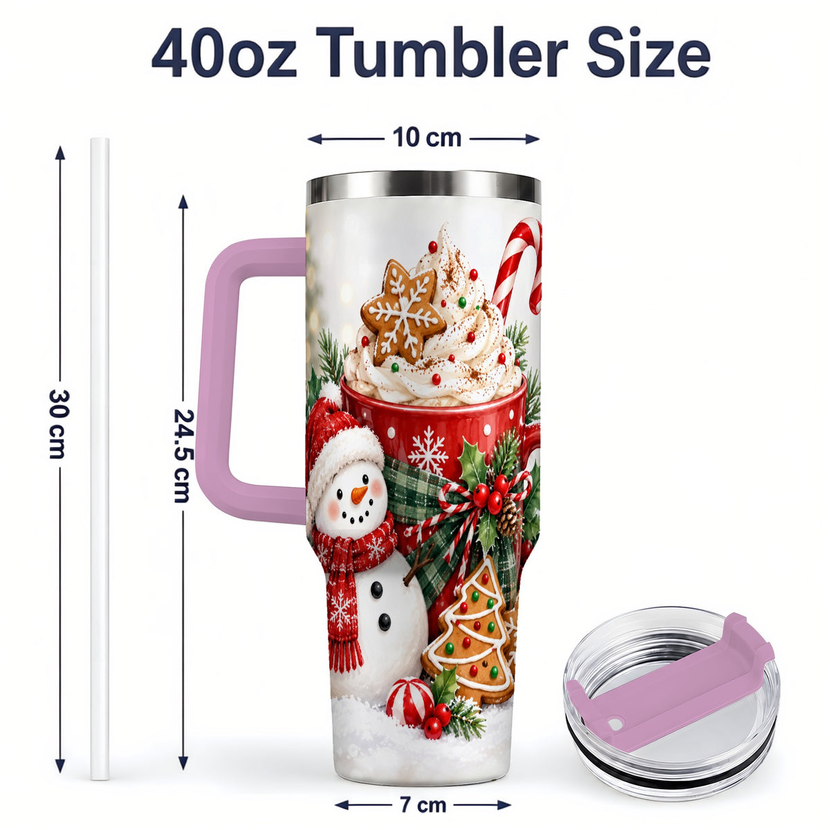 #pl[40oz|Pink] Christmas Snowman Cocoa 40oz Tumbler, Gingerbread Holiday Drinkware
