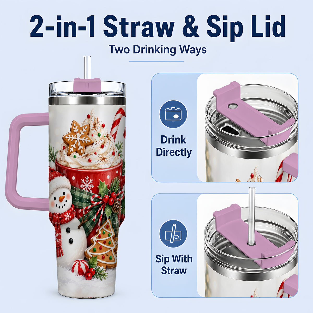 #pl[40oz|Pink] Christmas Snowman Cocoa 40oz Tumbler, Gingerbread Holiday Drinkware