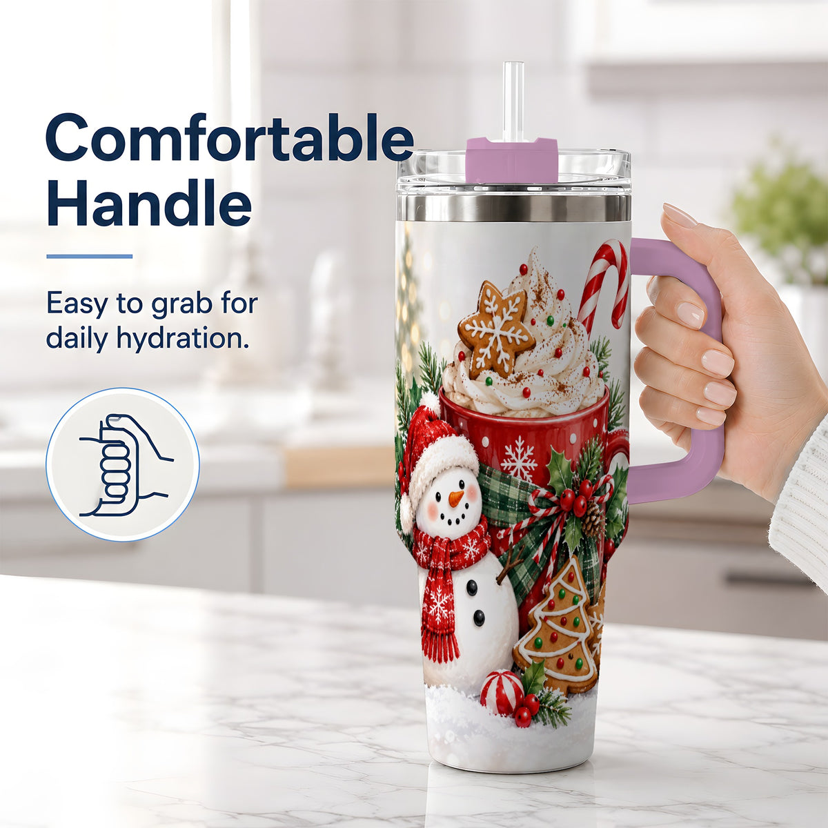 #pl[40oz|Pink] Christmas Snowman Cocoa 40oz Tumbler, Gingerbread Holiday Drinkware