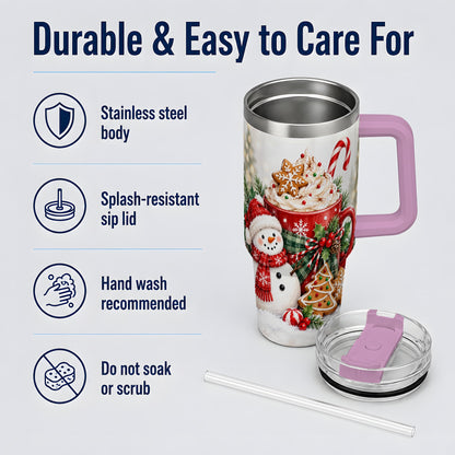 #pl[40oz|Pink] Christmas Snowman Cocoa 40oz Tumbler, Gingerbread Holiday Drinkware