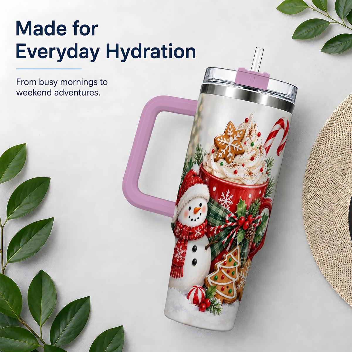 #pl[40oz|Pink] Christmas Snowman Cocoa 40oz Tumbler, Gingerbread Holiday Drinkware