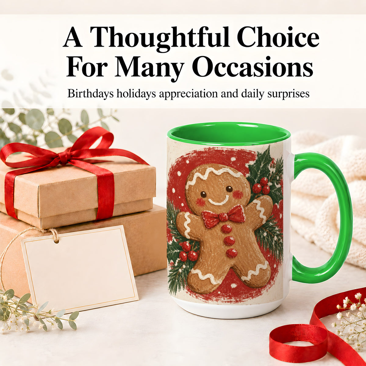 #pl[15oz|Green] Gingerbread Man Christmas Accent Mug, Ceramic Coffee Cup