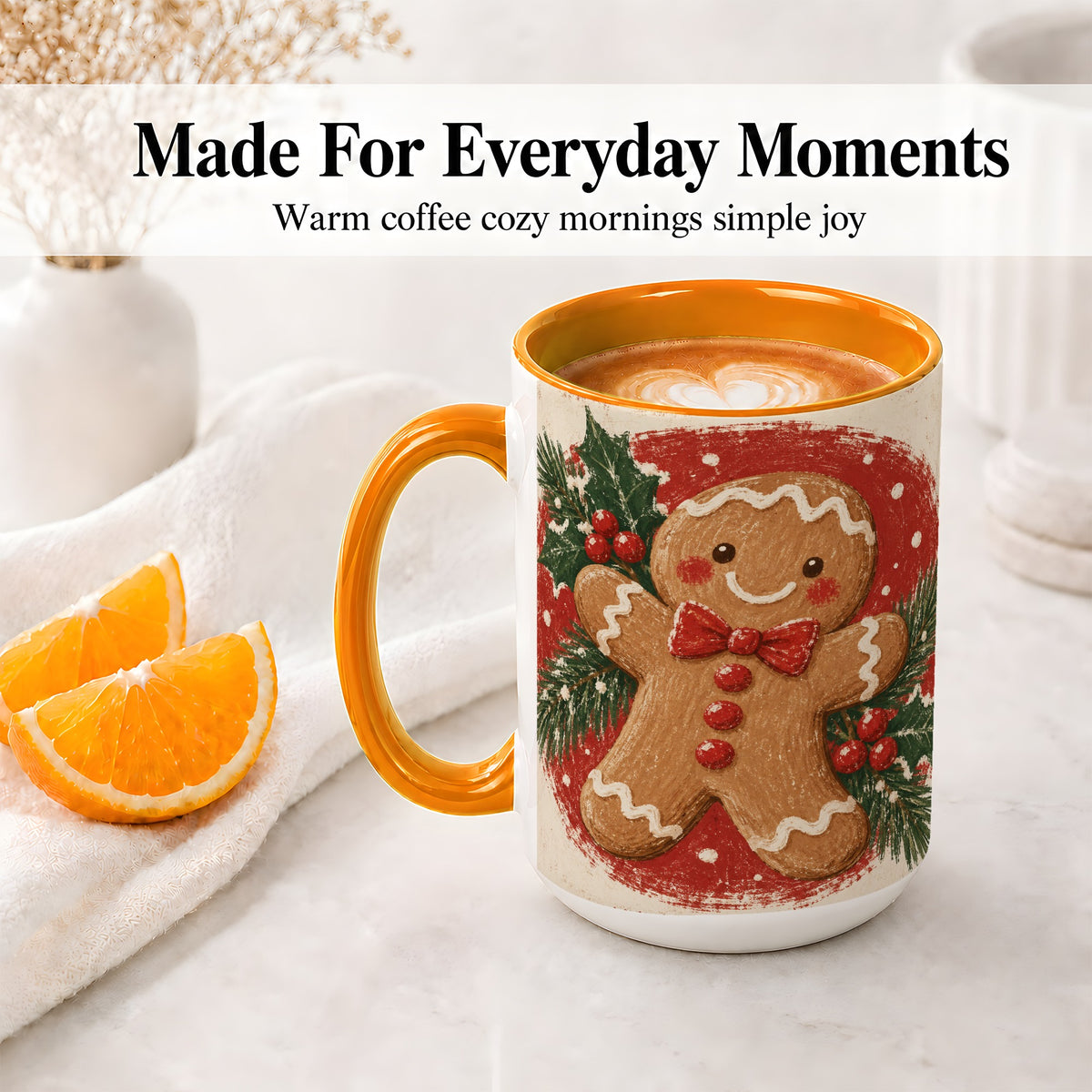 #pl[15oz|Orange] Gingerbread Man Christmas Accent Mug, Ceramic Coffee Cup