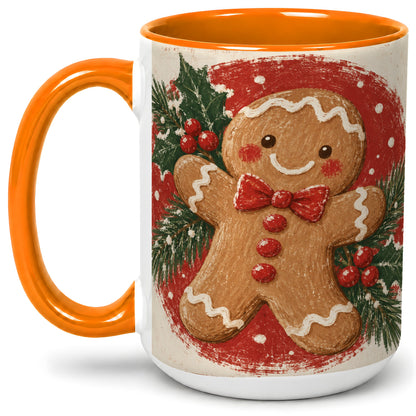 #pl[15oz|Orange] Gingerbread Man Christmas Accent Mug, Ceramic Coffee Cup
