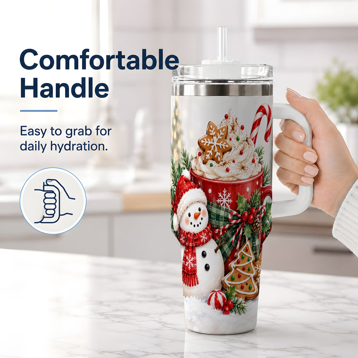 #pl[40oz|White] Christmas Snowman Cocoa 40oz Tumbler, Gingerbread Holiday Drinkware