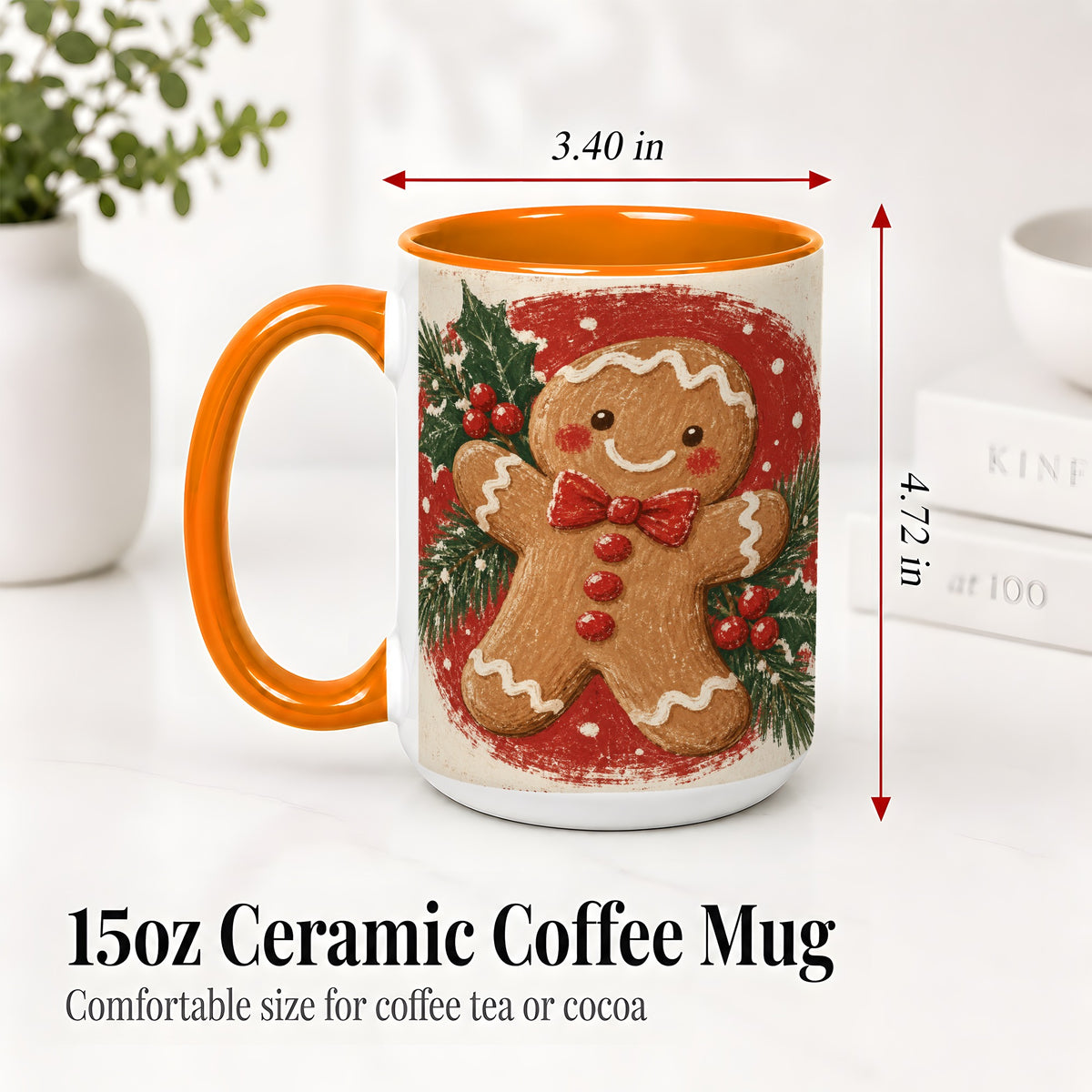 #pl[15oz|Orange] Gingerbread Man Christmas Accent Mug, Ceramic Coffee Cup
