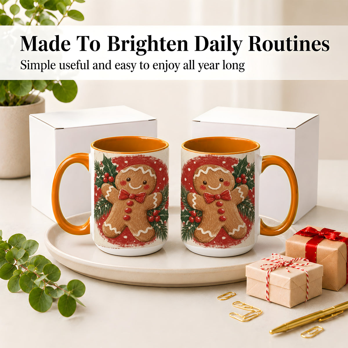 #pl[15oz|Orange] Gingerbread Man Christmas Accent Mug, Ceramic Coffee Cup