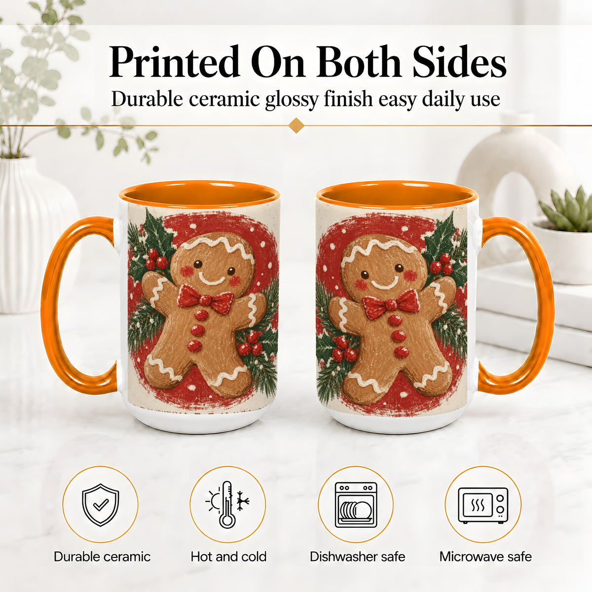 #pl[15oz|Orange] Gingerbread Man Christmas Accent Mug, Ceramic Coffee Cup