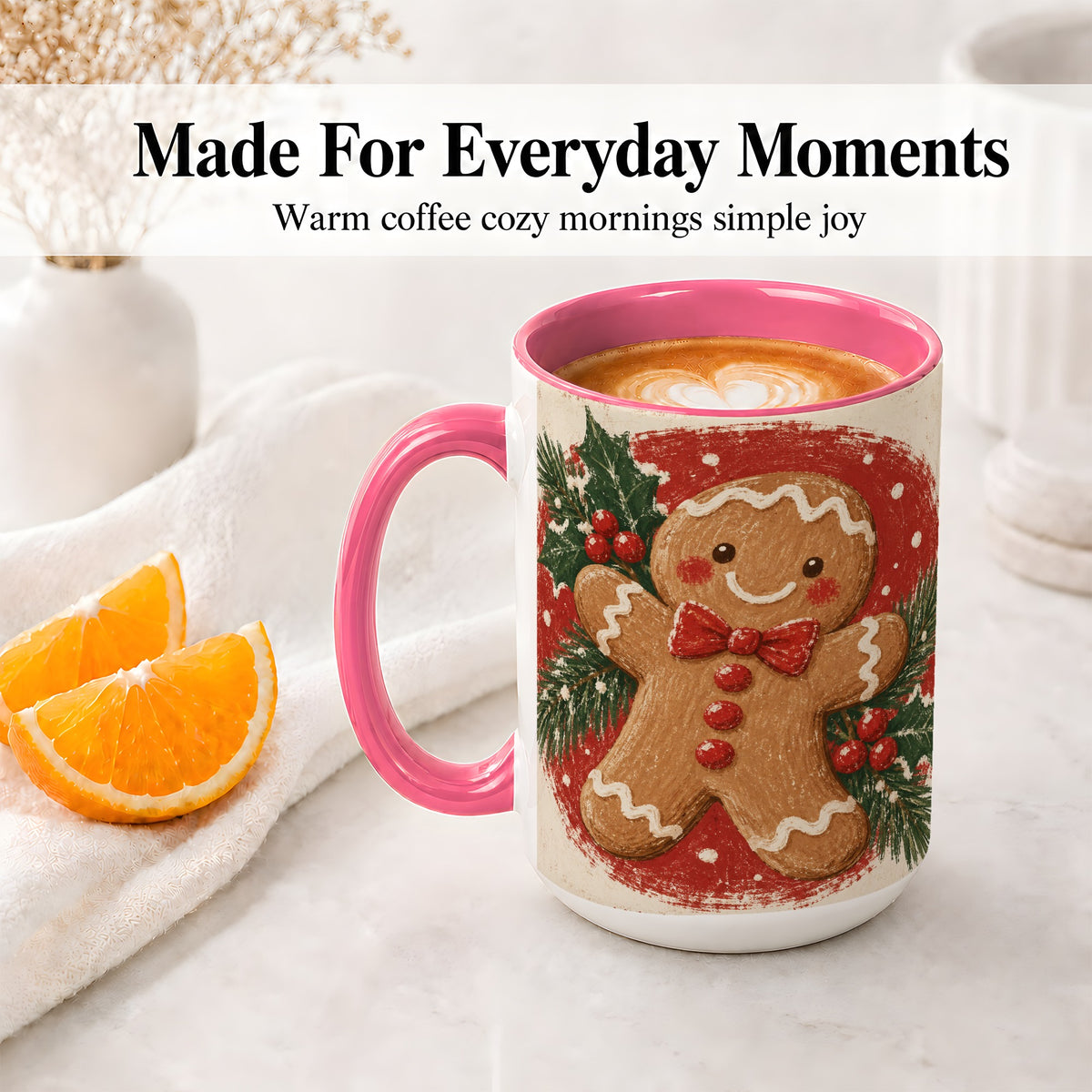#pl[15oz|Pink] Gingerbread Man Christmas Accent Mug, Ceramic Coffee Cup