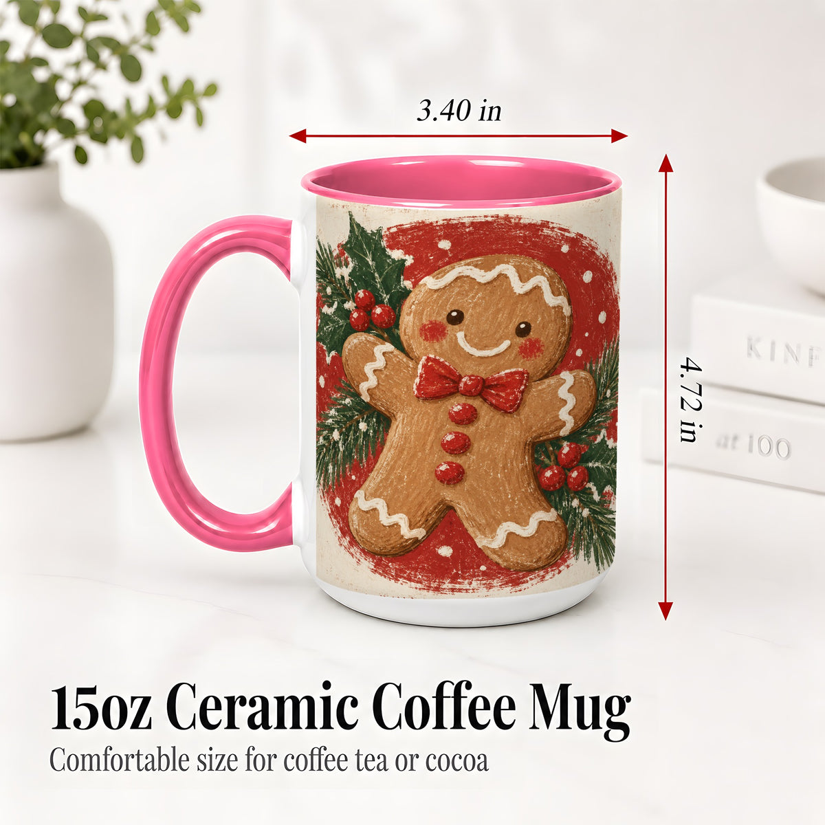 #pl[15oz|Pink] Gingerbread Man Christmas Accent Mug, Ceramic Coffee Cup