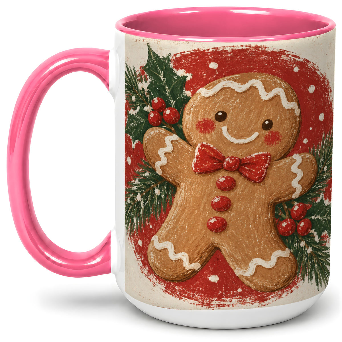 #pl[15oz|Pink] Gingerbread Man Christmas Accent Mug, Ceramic Coffee Cup