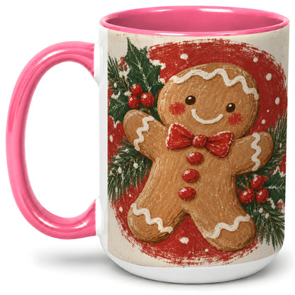 #pl[15oz|Pink] Gingerbread Man Christmas Accent Mug, Ceramic Coffee Cup