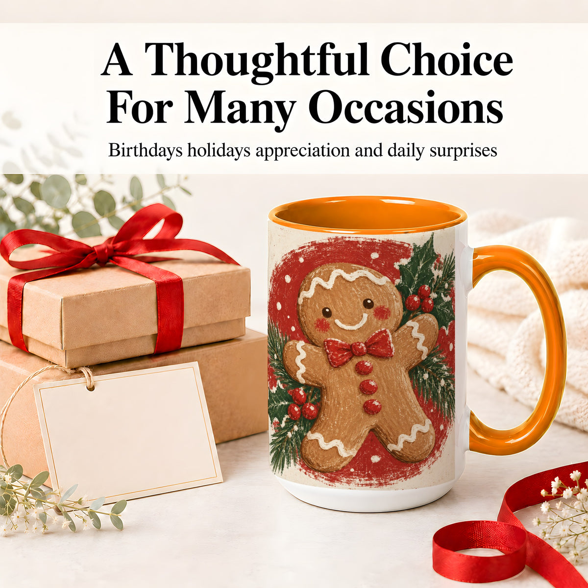#pl[15oz|Orange] Gingerbread Man Christmas Accent Mug, Ceramic Coffee Cup