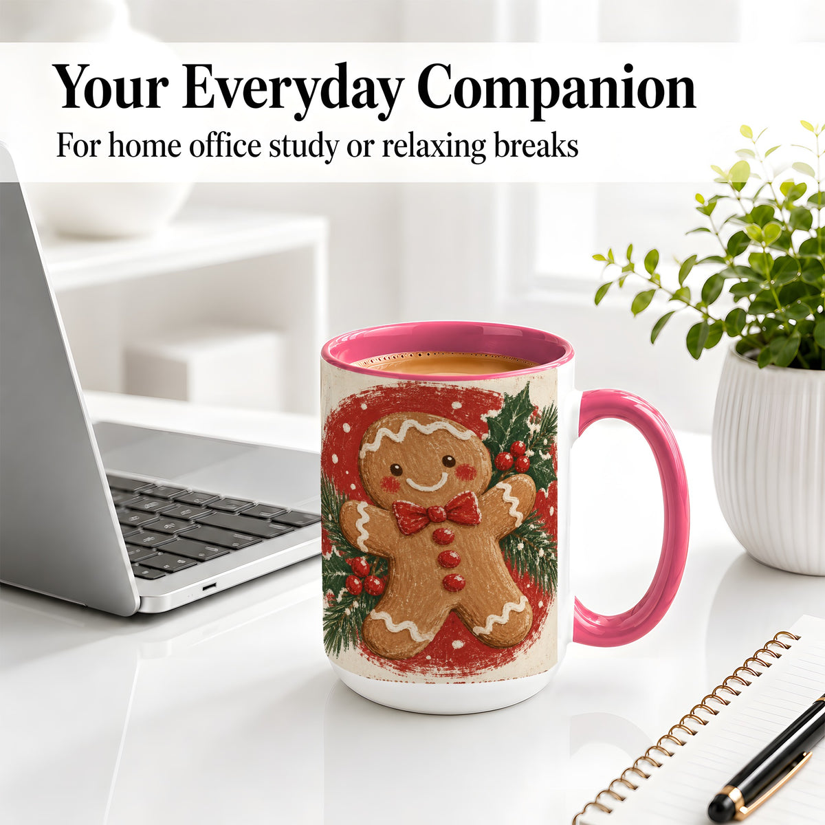 #pl[15oz|Pink] Gingerbread Man Christmas Accent Mug, Ceramic Coffee Cup