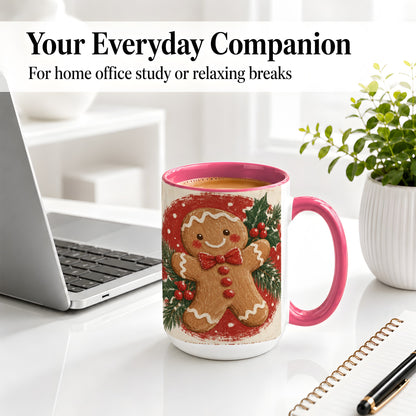 #pl[15oz|Pink] Gingerbread Man Christmas Accent Mug, Ceramic Coffee Cup