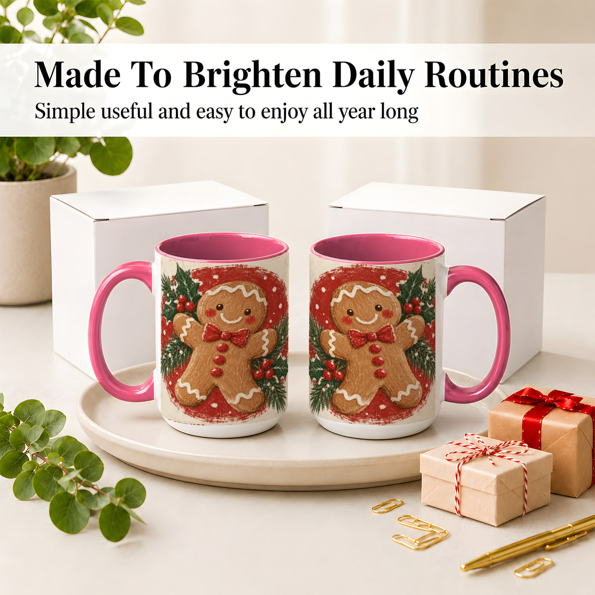 #pl[15oz|Pink] Gingerbread Man Christmas Accent Mug, Ceramic Coffee Cup