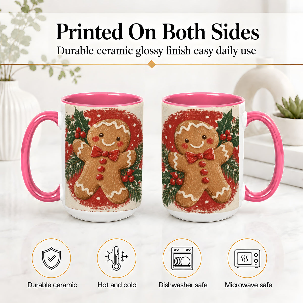 #pl[15oz|Pink] Gingerbread Man Christmas Accent Mug, Ceramic Coffee Cup