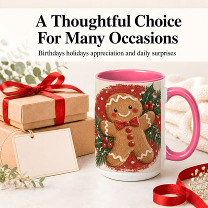 #pl[15oz|Pink] Gingerbread Man Christmas Accent Mug, Ceramic Coffee Cup