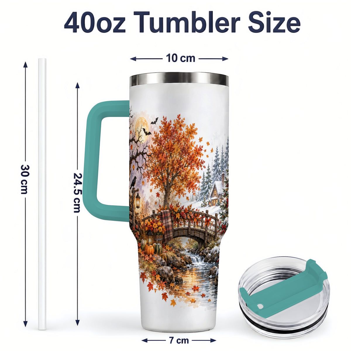 #pl[40oz|Green] Fall Christmas Landscape 40oz Tumbler, Seasonal Village Drinkware