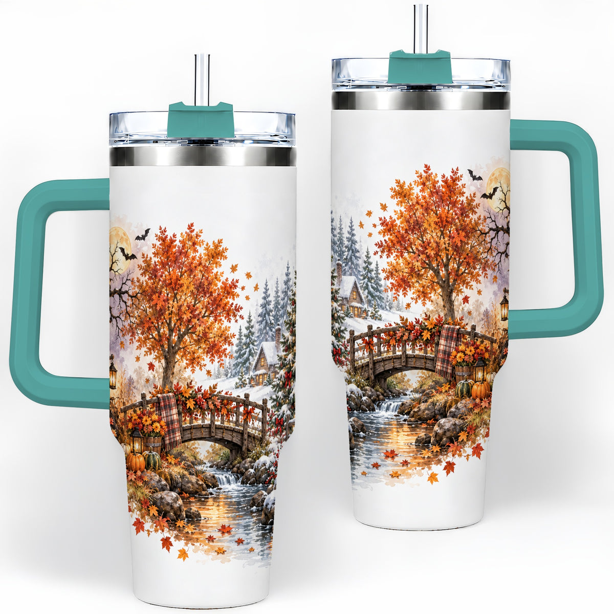 #pl[40oz|Green] Fall Christmas Landscape 40oz Tumbler, Seasonal Village Drinkware