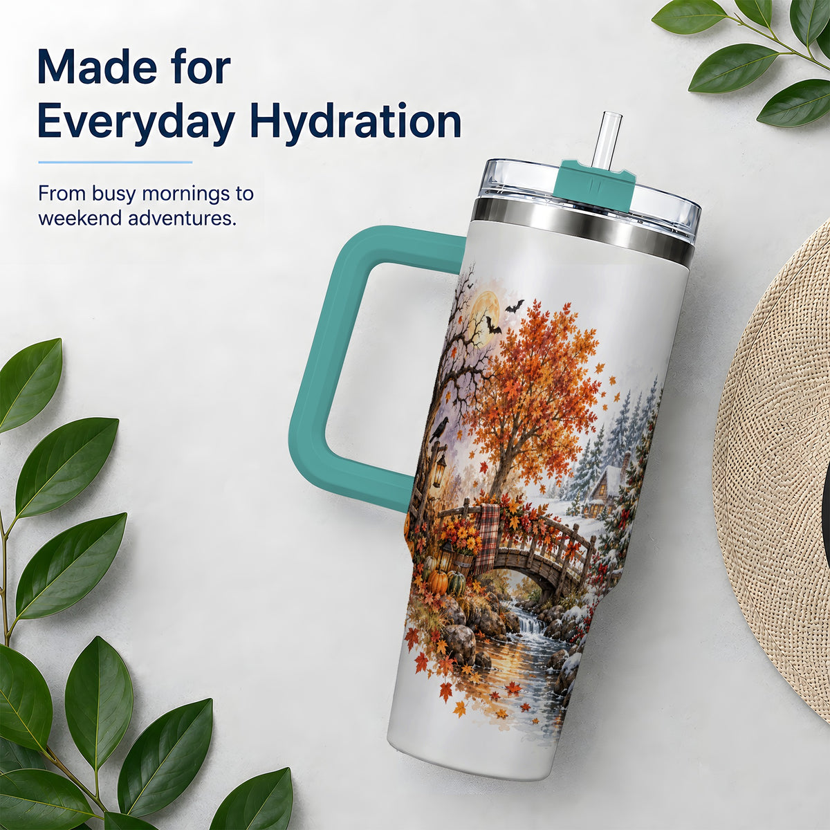 #pl[40oz|Green] Fall Christmas Landscape 40oz Tumbler, Seasonal Village Drinkware