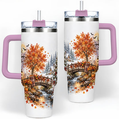 #pl[40oz|Pink] Fall Christmas Landscape 40oz Tumbler, Seasonal Village Drinkware