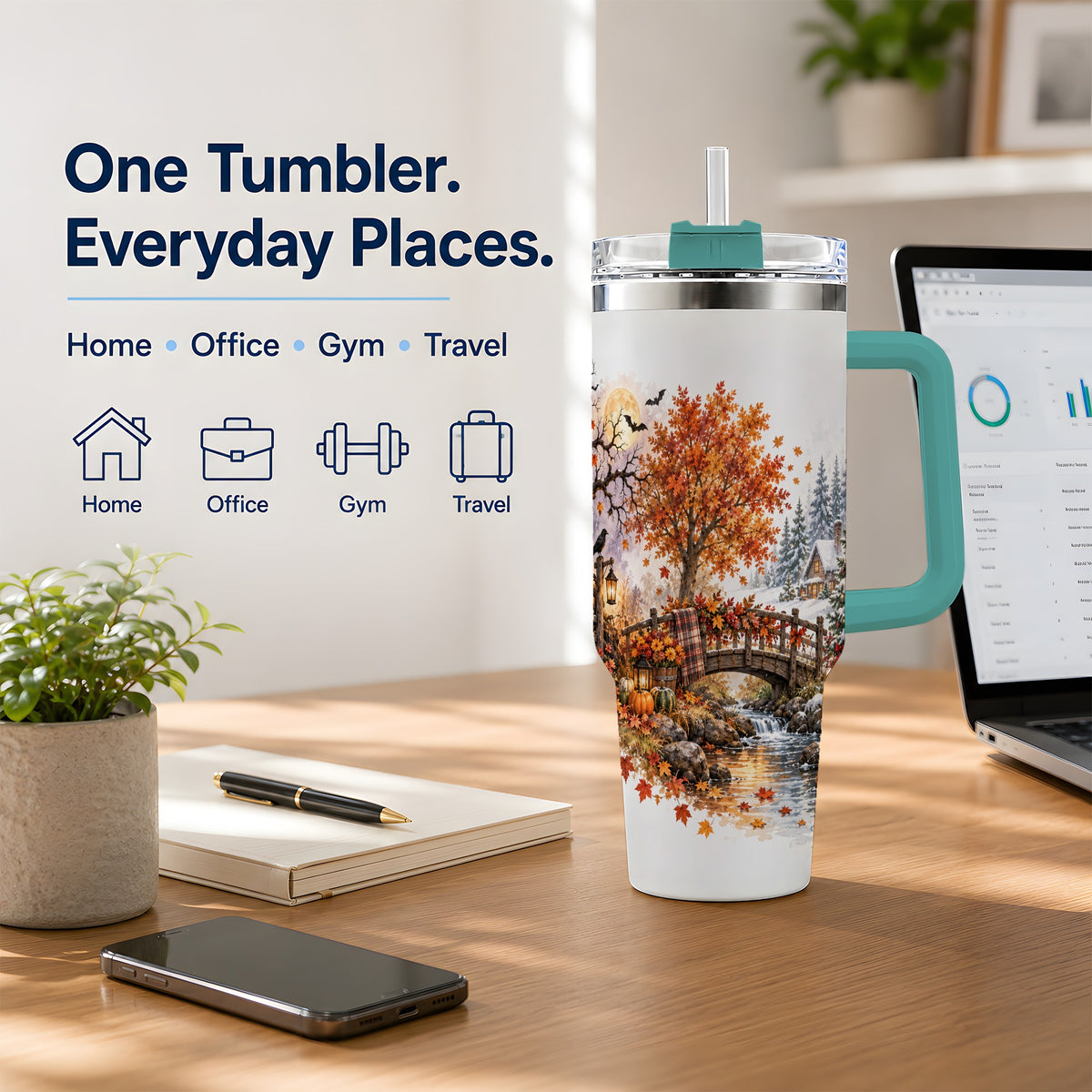 #pl[40oz|Green] Fall Christmas Landscape 40oz Tumbler, Seasonal Village Drinkware