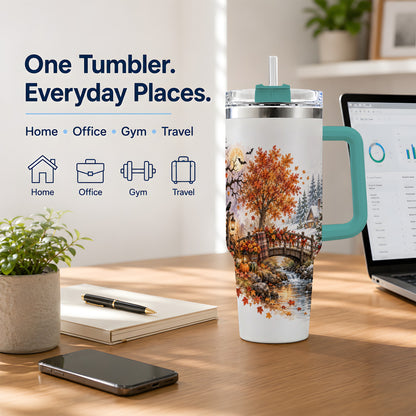 #pl[40oz|Green] Fall Christmas Landscape 40oz Tumbler, Seasonal Village Drinkware